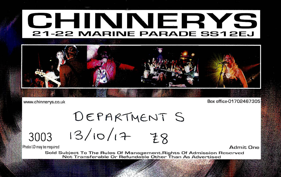 Department S + Menace + Eastfield - Live at Chinnerys, Southend-on-Sea, Essex, Friday October 13th, 2017 - Ticket