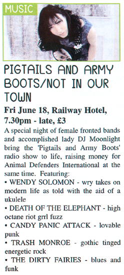 Southend Fringe Festival, Pigtails and Army Boots / Not In Our Town (Feat. DJ Moonlight, Wendy Solomon, Death Of The Elephant, The Dirty Fairies + Trash Monroe) - Live at The Railway Hotel, Southend June 18th, 2010