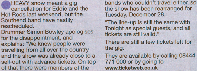 Eddie & The Hot Rods + Tonight - Live at Club Riga, 28.12.10 - Evening Echo News Report - 22.12.10