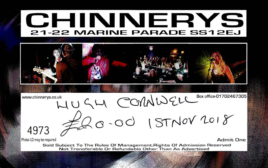 Hugh Cornwell - Live at Chinnerys, Southend-on-Sea, Essex, Thursday November 1st, 2018 - Ticket
