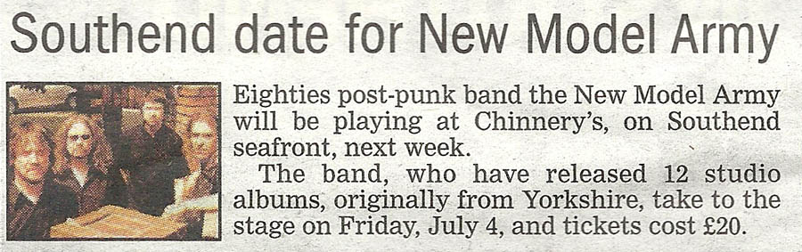 New Model Army - Live at Chinnerys, Southend-on-Sea, Essex - Friday July 04th, 2014 - Southend Standard Newspaper Clipping -  Friday June 27th 2014 