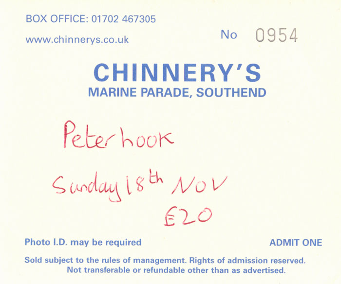 Peter Hook & The Light + Tiny Phillips - Live at Chinnerys, Southend-on-Sea, Essex - Sunday November 18th, 2012 - Ticket