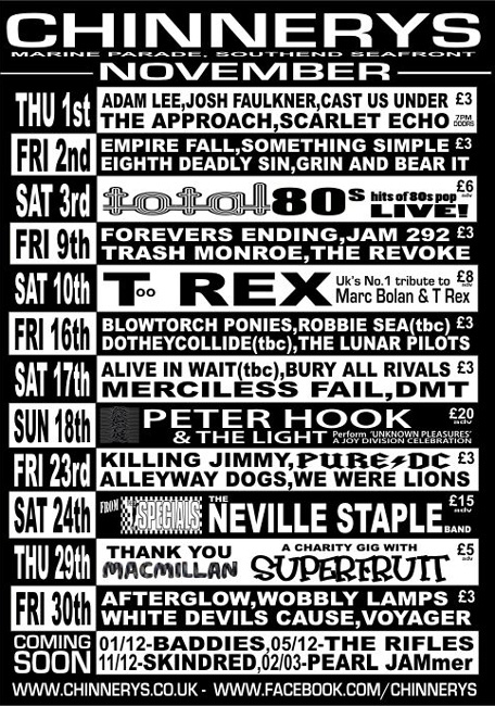 Peter Hook & The Light + Tiny Phillips - Live at Chinnerys, Southend-on-Sea, Essex - Sunday November 18th, 2012 - Chinnerys Flyer