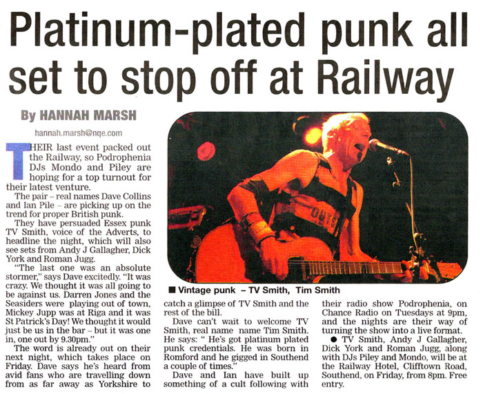TV Smith + Dick York + Andy J Gallagher + Radio Podrophenia DJ's - Live at The Railway Hotel, Southend-on-Sea, Friday June 22nd, 2012 - Evening Echo News Report