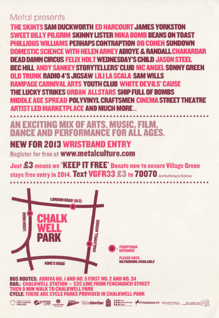 Village Green Festival - Live at Chalkwell Park, Southend-on-Sea, Essex, Saturday July 13th, 2013 - Flyer - Back