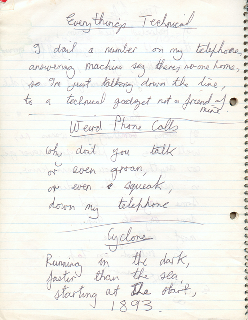 The Machines - Everythings Technical, Weird Phone Calls and Cyclone - Hand written Machines lyrical excerpts by Nick Paul, given to Dave Tulloch for a Machines feature in Strange Stories #3 - 1977