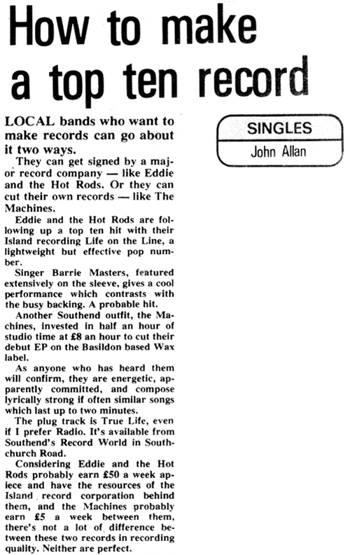 Eddie and The Hot Rods and The Machines - Singles 'Review' by John Allan in The Evening Echo - 1978