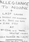 Allegiance To No One + The Last Laugh + Beergut One Hundred + The Beers In Brothers + Ian Fry - Live at Focus - 22.11.82 - Poster