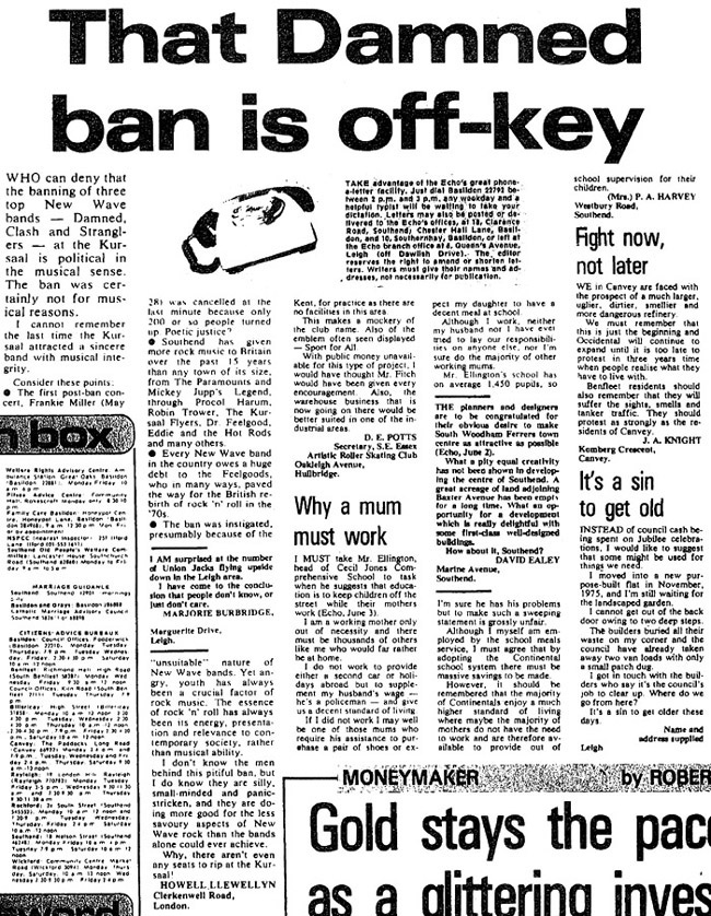 'Banning of Punk Gigs at Kursaal' Letter - Evening Echo News Report - 1977