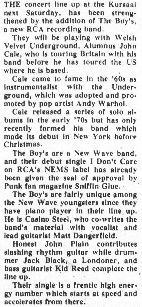 John Cale + The Boys - Live at The Kursaal Ballroom - 16.04.77 - Evening Echo News Report - 12.04.77
