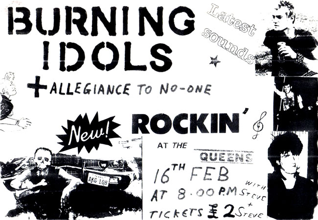The Burning Idols + Allegiance To No One + DJ's Steve + Steve - Live at The Queens Hotel - 16.02.85 - Flyer