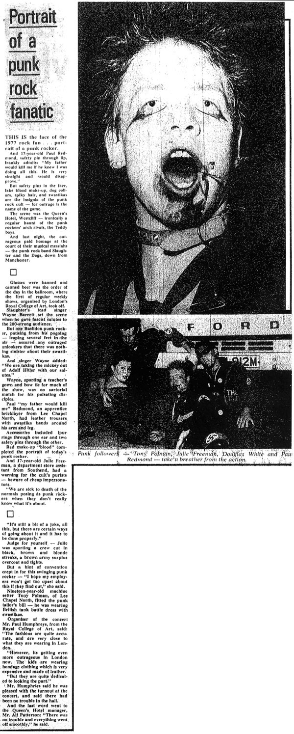 Southend Punk Rock History - Places - The Queens - 'Slaughter and The Dogs Gig Report' - Evening Echo - 28.07.77