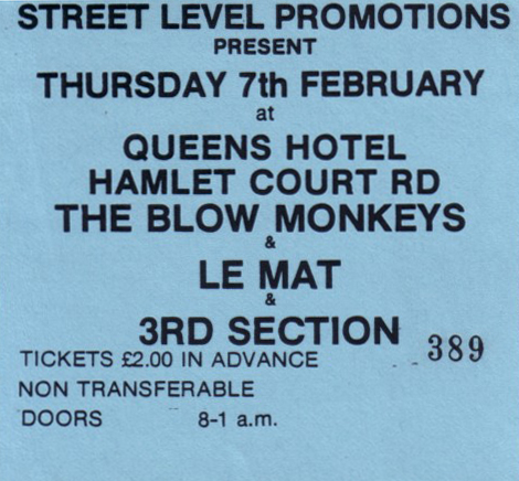 The Blow Monkeys and Le Mat and Third Section - Live at The Queens Hotel - 20.01.85 - Ticket