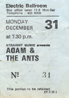Adam & The Ants - Live at The Electric Ballroom - Monday December 31st 1979 - Ticket