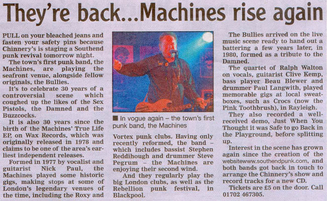 The Machines + The Bullies - Live at Chinnerys - 21.08.08 - Evening Echo News Item