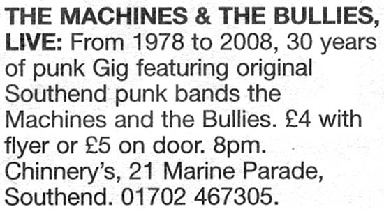 The Machines + The Bullies - Live at Chinnerys - 21.08.08 - Evening Echo Gig Listing