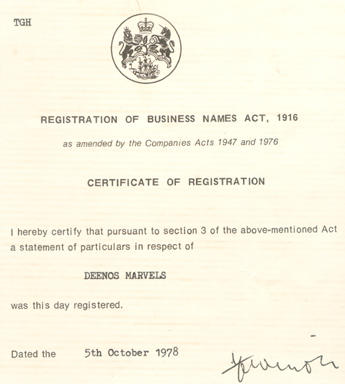 Deeno's Marvels - Official Name Registration Document