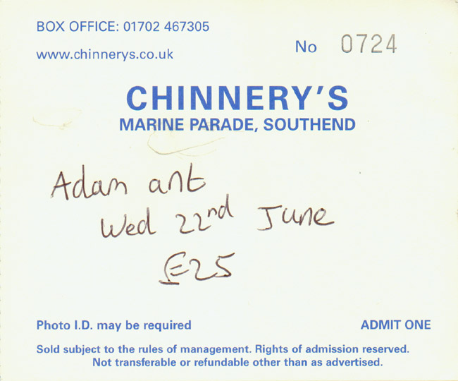 Adam Ant & The Good The Mad & The Lovely Posse + Krakatoa + Dressing For Pleasure - Seaside Tour - Live at Chinnerys, Southend-on-Sea, 22.06.11 - Chinnerys Ticket