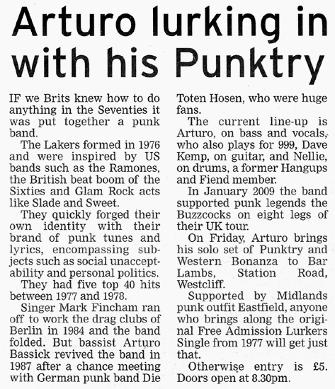 Arturo Bassick's (of The Lurkers + 999) 'Punktry and Western Bonanza' + Eastfield + Hollywood Doll - Live at Bar Lambs, Westcliff-on-Sea, Essex - Friday May 28th, 2010 - Evening Echo News Report - 26.05.10