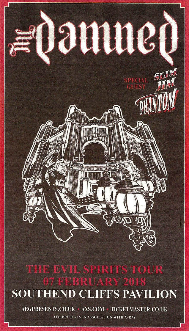 The Damned + Slim Jim Phantom - Live at The Cliffs Pavilion, Southend-on-Sea, Essex - Wednesday February 7th, 2018 - Newspaper Advert