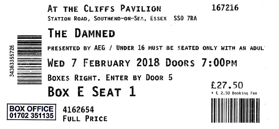 The Damned + Slim Jim Phantom - Live at The Cliffs Pavilion, Southend-on-Sea, Essex - Wednesday February 7th, 2018 -  Ticket