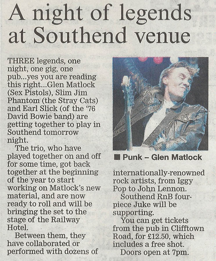 Glen Matlock, Earl Slick, Slim Jim Phantom & Jim Lowe + Juke - Live at The Railway Hotel, Southend-on-Sea, Essex on Thursday August 14th, 2014 - Evening Echo Newspaper Clipping