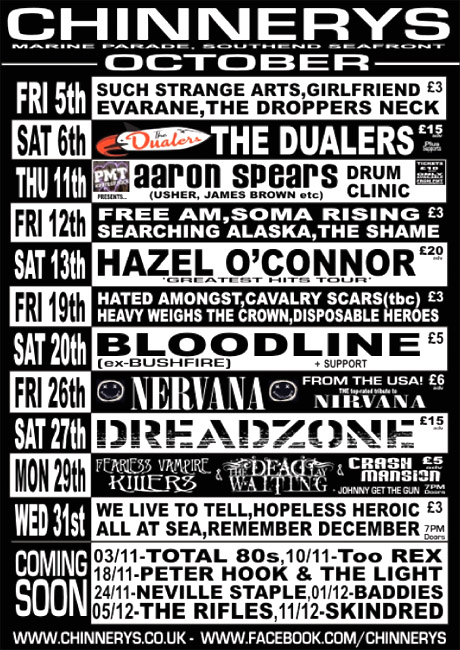 Hazel O'Connor + Tensheds - Live at Chinnerys, Southend-on-Sea, Essex - Saturday October 13th, 2012 - Chinnerys Flyer