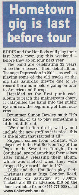 Eddie & The Hot Rods + Tonight - Live at Club Riga, 28.12.10 - Evening Echo News Report - 15.12.10
