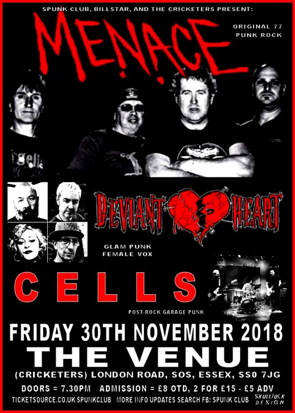 Menace + Deviant Heart + Cells - Live at The Venue, Westcliff-on-Sea, Essex - Friday November 30th, 2018
