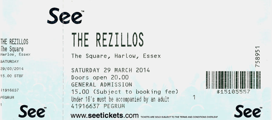 The Rezillos + Los Pepes - Live at The Square, Harlow, Essex - Saturday March 29th, 2014 - Ticket
