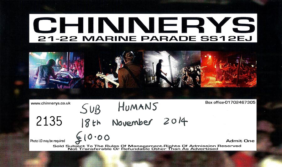 Subhumans + The Dogtown Rebels + Knock Off - Live at Chinnerys, Southend-on-Sea, Essex - Tuesday November 18th, 2014 - Ticket