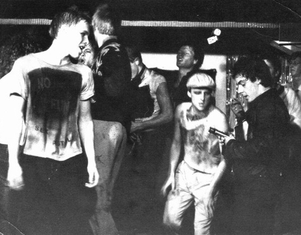 Chelmsford Punks - One of the regular stage invasions at The City Tavern - The band was 'Sta Marxx' - In this photo: Jonna Beacon, Jim Butcher, Crispin Coulson, Buggy - 1977
