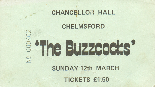 The Buzzcocks / The Slits - Live at The Chancellor Hall, Chelmsford - 12.03.78 - Ticket