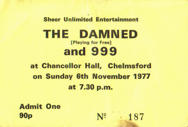 The Damned / 999 - Live at The Chancellor Hall, Chelmsford - 06.11.77 - Ticket