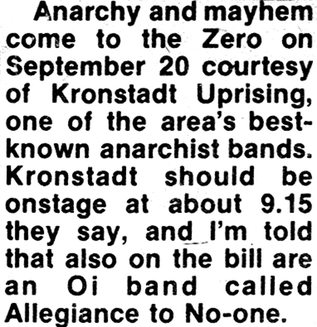 Kronstadt Uprising + Allegiance To No One - Live at The Zero 6 - Yellow Advertiser News Report 