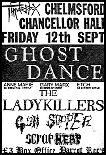 Ghost Dance + The Ladykillers + Gun Supper + Scrapheap - Live at The Chancellor Hall, Chelmsford - 12.09.86 - Poster