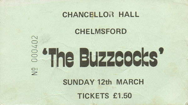 The Buzzcocks / The Slits - Live at The Chancellor Hall, Chelmsford - 12.03.78 - Ticket (Front)