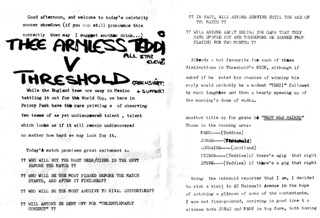 hee Armless Teddies vs Threshold Football Match #1 - 08.06.86 - Official Program - Pages 2-3