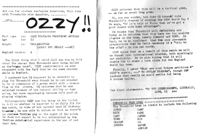 Thee Armless Teddies vs Threshold Football Match #1 - 08.06.86 - Official Program - Pages 10-11