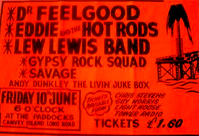 Dr. Feelgood + Eddie & The Hot Rods + Lew Lewis Band + Gypsy Rock Squad + Savage + Andy Dunkley The Livin Jukebox - Live at The Paddocks, Canvey - 10.06.77 - Poster