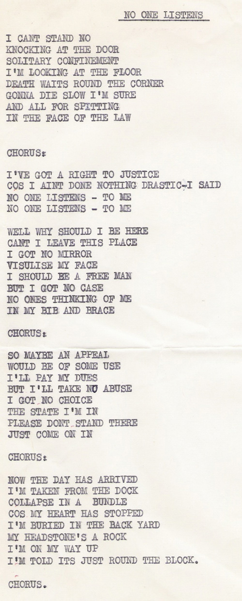 The Vicars - 'No One Listens' - Lyrics to first song recorded by the band