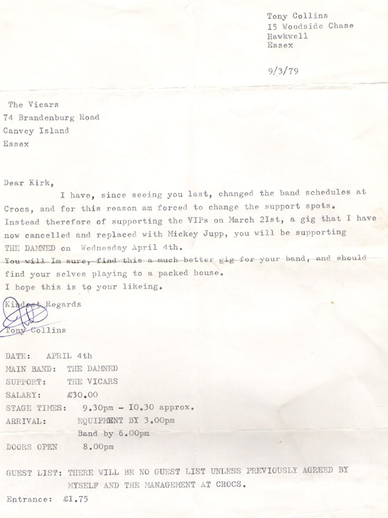 Gig info about The Vicars support gig with The Damned on April 4th, 1979 at Crocs, Rayleigh